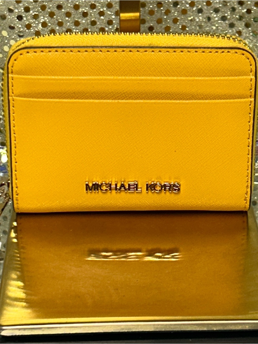 Michael Kors Bright Yellow Saffiano Zip Card Wallet Approx. 4.5 x 3.5